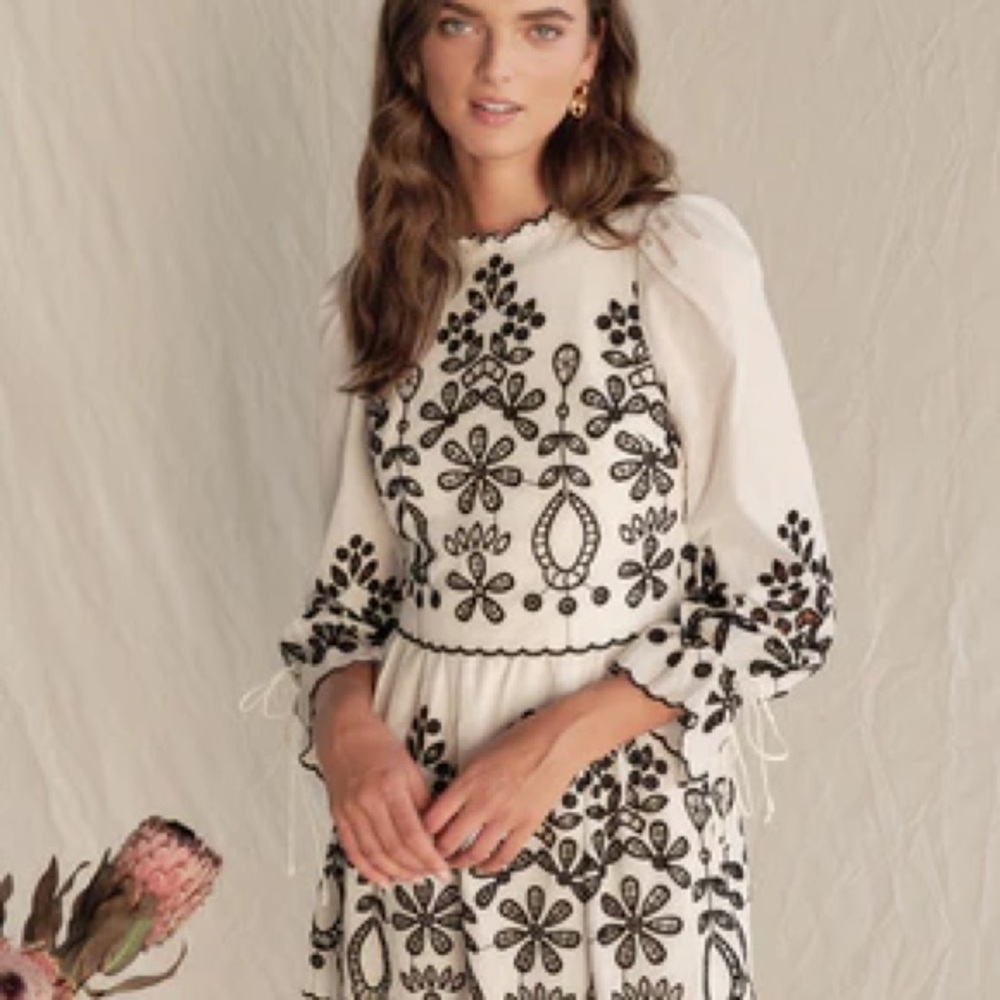 SAYLOR Ivory Long Sleeve Dress with Black Floral Embroidery